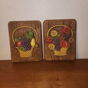 Vintage MCM Wall Hangings Set Flowers & Fruit Decor Plaques 9"x6"